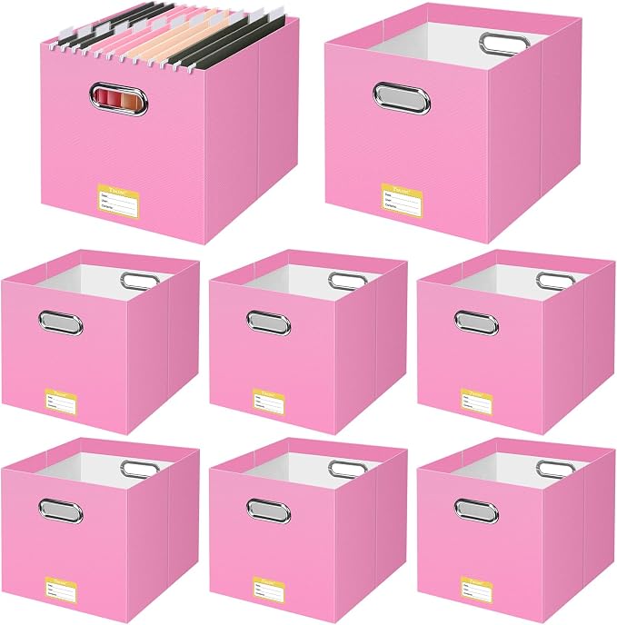 BALEINE File Organizer Box, Cardboard File Folder Organizer with Handle for Letter Size, Portable Collapsible Hanging Filing Box for Home Office Document Storage (8 Pack, Large Pink) by BALEINE