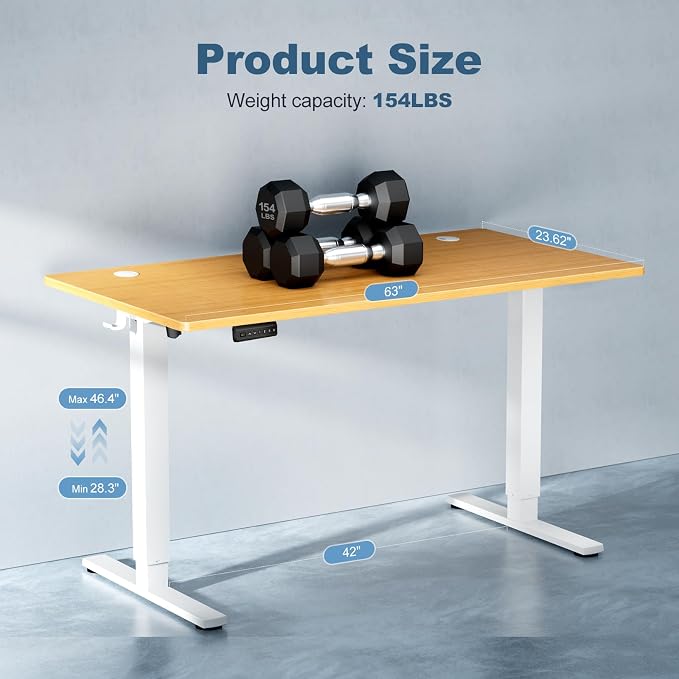 DUMOS 63 Inch Electric Standing Desk, Memory Adjustable Home Office Desk | Sit Stand Up Desk for Work Home Office,Adjustable Desk, Rising Computer Table with Splice Board,Cable Management,Hook,Oak - Image 3