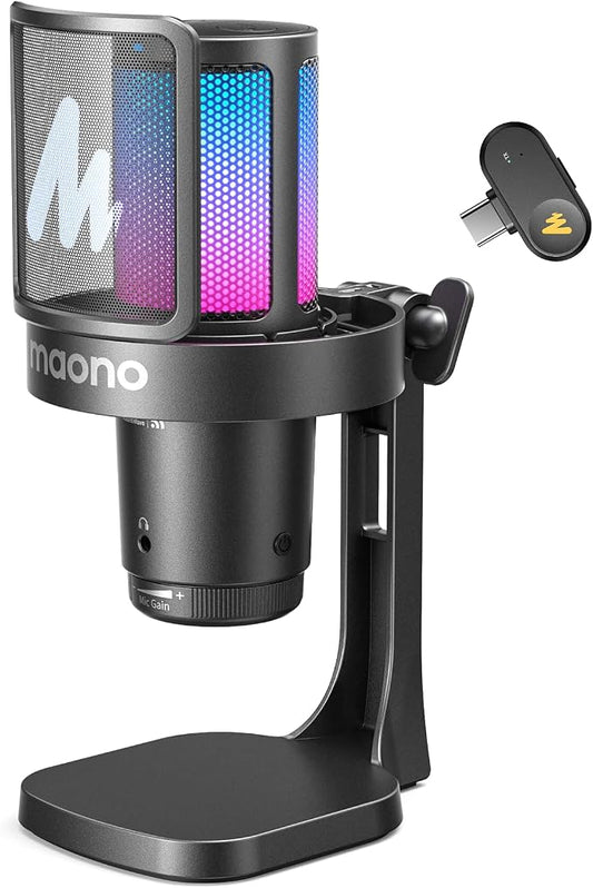 MAONO DGM20W Wireless Gaming Microphone for PC & Smartphones | USB-C Receiver, Clear Voice, Noise Reduction, Software Control, Custom RGB, Mute, Desk Stand, for Creators, Discord Streaming by MAONO