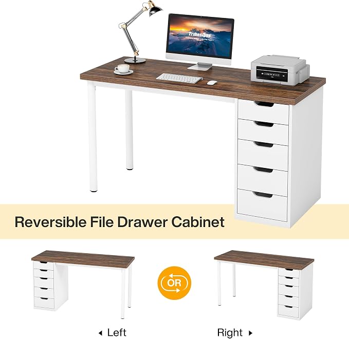 Tribesigns Computer Desk with 5 Drawers, 47 inches Rustic Brown Home Office Desk with Storage, Modern Simple Laptop Desk Study Writing Table for Small Spaces (1, Brown+White) - Image 7