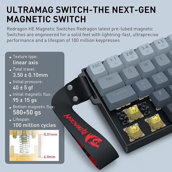 Redragon K617 HE Wired Hall-Effect Rapid Trigger Magnetic Gaming Keyboard | 8K Polling Adjustable Actuation, 61 Keys Design for More Room to Aim, Swap-Ready Socket for Mod, RGB Pro Software Supported - Image 3