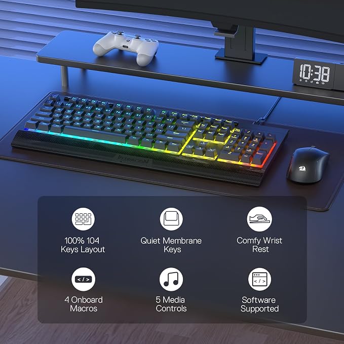Redragon K525 RGB Backlit 104 Keys Wired Membrane Gaming Keyboard w/ 5 Multimedia Keys & 4 Extra On-Board Macro Keys, Dedicated Media Control, Ergonomic Wrist Rest, Linear Mechanical-Feel Switch - Image 2