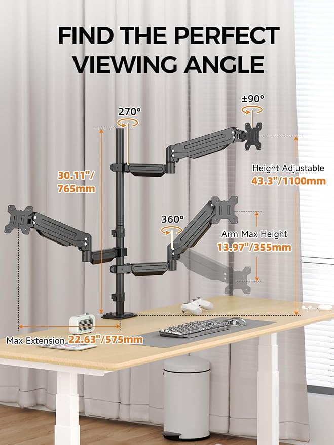 Bracwiser Triple Monitor Mount for Max 34" Screens, up to 24.25lbs Each, Full Adjustable 3 Monitor Desk Stand, Three Gas Spring Arm with Tilt Swivel Rotation, VESA 75x75/100x100mm, Black, MDX883B - Image 3