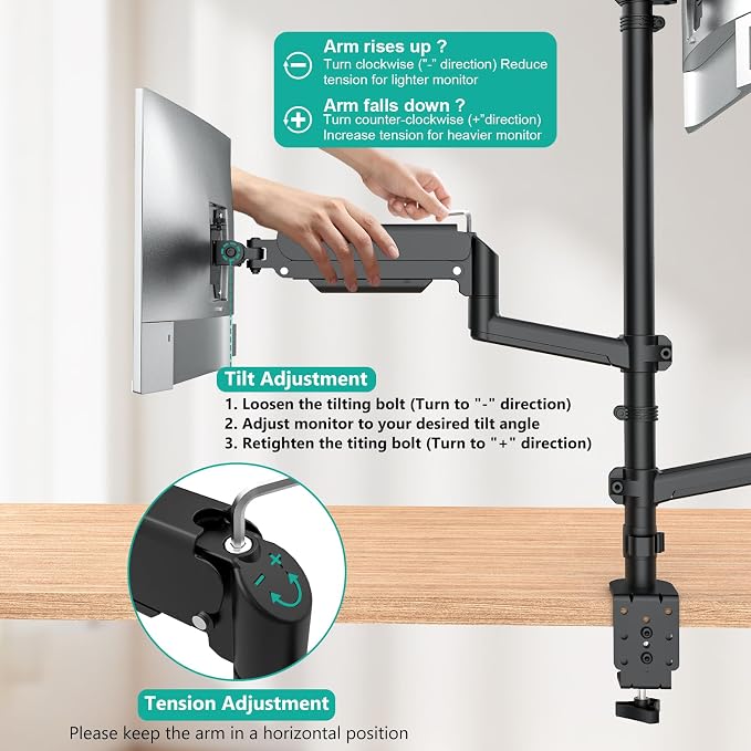 WALI Triple Monitor Mount for 13-27 inch Screens, Taller 3 Monitor Desk Mount, up to 19.8lbs, 31.9 inch Height Max, Adjustable Triple Monitors Stand, VESA 75/100mm (GSDM003S), Black - Image 7