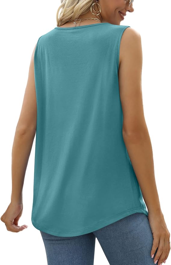 Saloogoe Summer Tank Tops for Women Loose Fit Pleated Square Neck Sleeveless Tops Curved Hem Flowy - Image 4