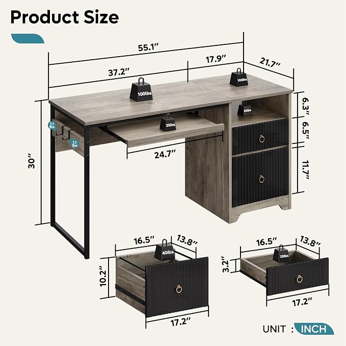 Bestier 55Inch Modern Fluted Desk with Drawers & Keyboard Tray, Grey | 55 X 22 In Work Surface, File Drawer, Reversible Pedestal, Fluted Panels And Keyboard Tray For Home Office Storage. - Image 3