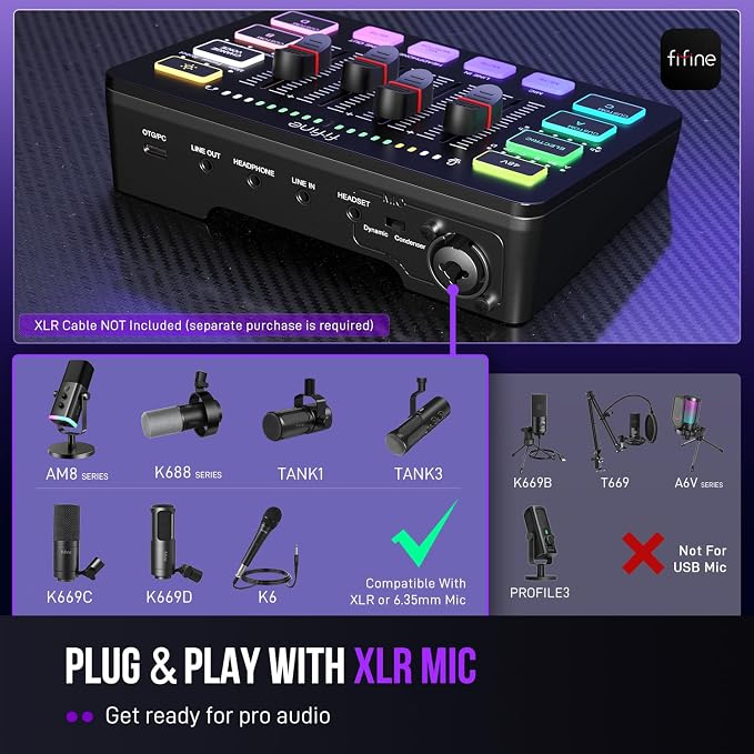 FIFINE Gaming Audio Mixer, Streaming RGB PC Mixer with XLR Microphone Interface, Individual Control, Volume Fader, Mute Button, 48V Phantom Power, for Podcast/Recording/Vocal/Game Voice-AmpliGame SC3 | USB PnP For PC,Mute Button,XLR Preamp,RGB,Voice ch... - Image 8