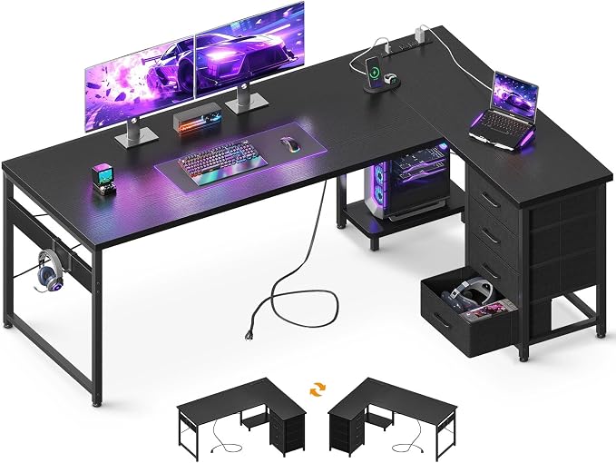 AODK 67" L Shaped Gaming Desk with 4 Drawers and Power Outlets, Black | USB Ports, PC Tower Stand, Hooks, Reversible Corner Layout for Gaming Rooms, Bedrooms and Home Office by AODK
