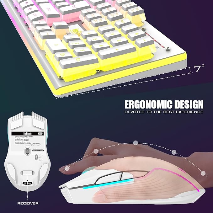 RedThunder K10 Wireless Gaming Keyboard and Mouse Combo, RGB Backlit Rechargeable 3800mAh Battery, Mechanical Feel Anti-ghosting Keyboard + 7D 3200DPI Mice for PC Gamer(White Pudding) - Image 5