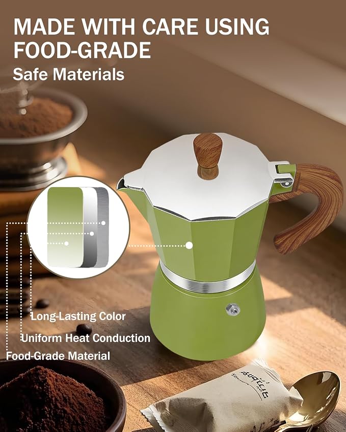 Coffee Maker Stovetop Espresso Maker 6 Cup Aluminum Moka Pot Percolator 10oz 300ml Easy Brewing for Electric Ceramic Stoves Home Camping Italian Cuban Café Classic Green - Image 6