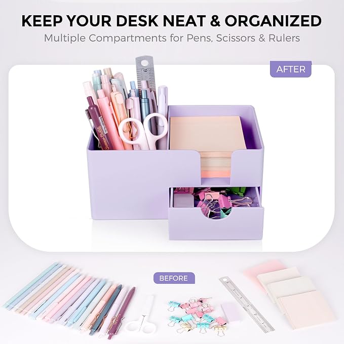 SKYDUE Small Desk Organizer with Drawer | 3 Compartments, Desk Pen Holder, For Home, School, Classroom & Office - Image 6