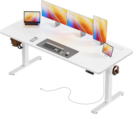 Huuger 63 X 24 Inch Electric Standing Desk with Power Outlets and USB-C Port, Height Adjustable Desk, Sit Stand Desk for Home Office, Computer & Gaming Desk with 4 Presets, Stable Steel Frame, White by Huuger