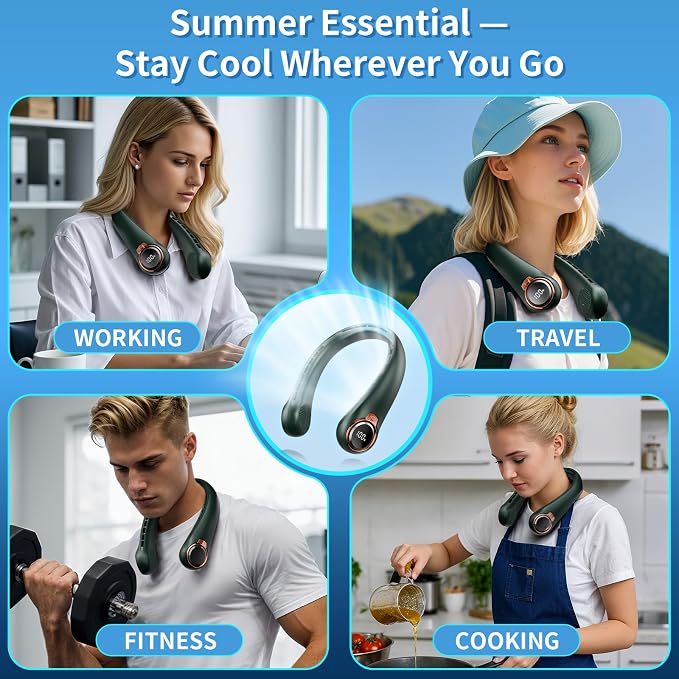 BNBZ Portable Neck Fan, 6000mAh Rechargeable Fan Blows Cold Air with LED Display, 4 Speeds, 20H Runtime, Quiet Wearable 360° Personal Cooling Fan for Outdoor Travel Work Gym,Fireplace Fans-Green - Image 7