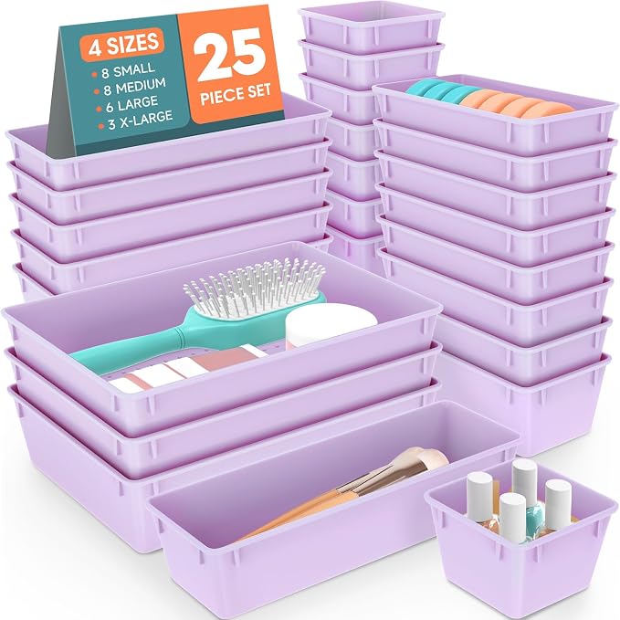 WOWBOX 25 PCS Plastic Drawer Organizer Set, 4 Sizes Desk Drawer Divider Organizers and Storage Bins for Makeup, Jewelry, Gadgets for Kitchen, Bedroom, Bathroom, Office, Purple by WOWBOX