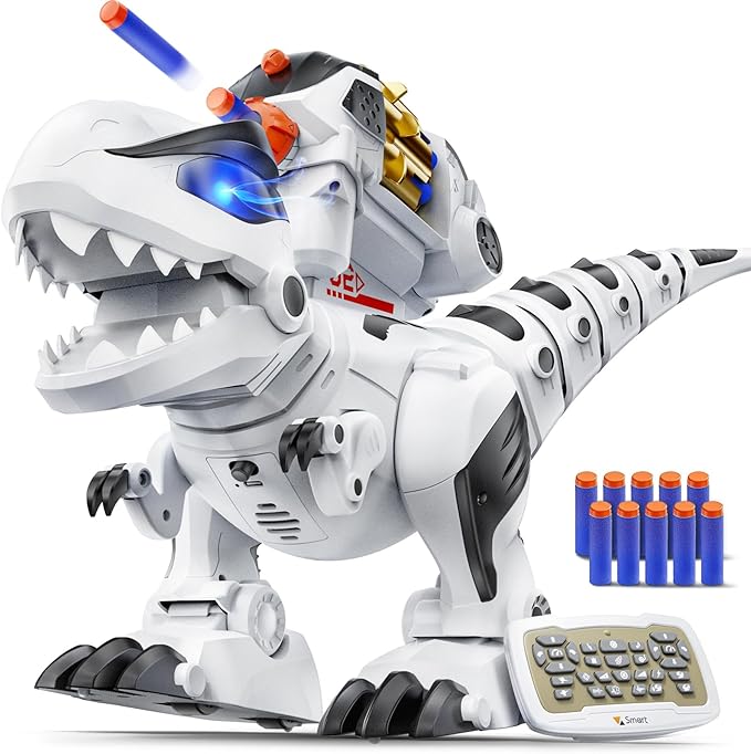 Ruko 8809 Robot Dinosaur Toys for Kids, Birthday Gift for Boys Age 3-8 | Interactive with Sound Effects, Remote Control T-Rex, STEM Programmable, Rechargeable, LED Eyes, Soft Dart, White by Ruko