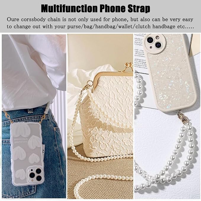 Phone Chain Crossbody Pearl Strap, Pearl Beaded Chain Shoulder Crossbody Lanyard with Phone Tether Patches Compatible with Most Phones Bag Purse - Image 7