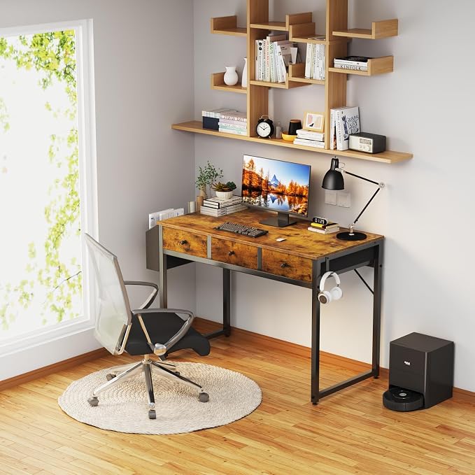 Lufeiya 40 Inch Desk with Drawers for Bedroom - 39 Inch Home Office Desks with 3 Fabric Storage Drawer and Pocket, Study Writing Table Rustic Computer Desk, Vintage Brown - Image 2