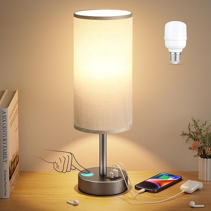 Dicoool Bedside Table Lamp for Bedroom - 3-Way Dimmable Touch Lamp, USB A+C | LED Bulb Included, 14" Small Nightstand Lamp for Desk, Living Room, Guest Room, Grey Fabric Lampshade, Grey Metal Base - Image 6
