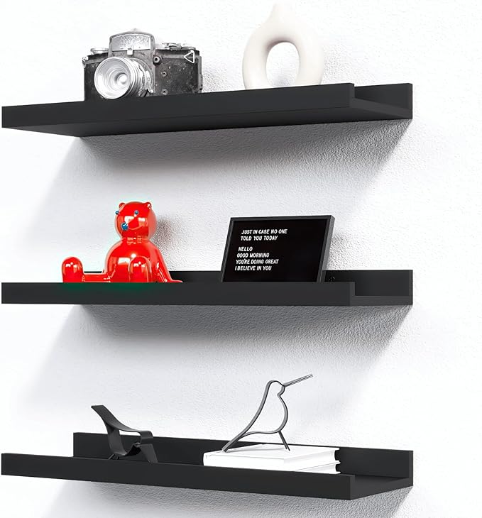 RICHER HOUSE 3-Set Floating Shelves with Lip, Black Small Wall Shelf, 16In | Display Picture Ledge Shelf, Anti-drop lip Shelf for Room Wall Decor, Bedroom Bathroom Storage Nursery Books, Easy Setup,Wood by RicherHouse