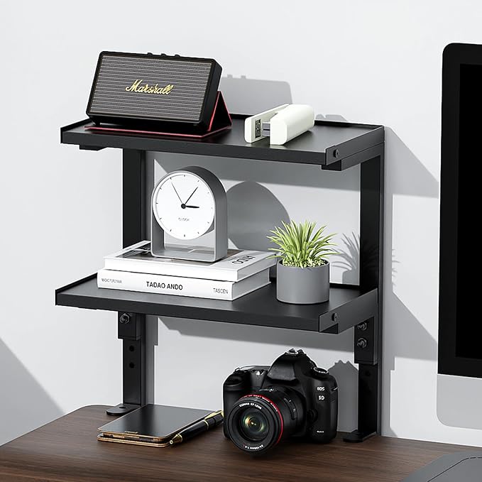2-Tier Desk Shelf | Desk Organization Expandable Clamp on Desk Shelf Desktop Accessories for Offices and Game Rooms (Black) by OUTIOE
