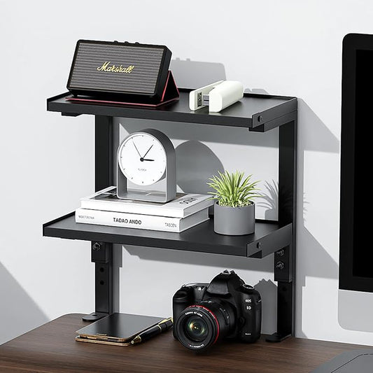 2-Tier Desk Shelf | Desk Organization Expandable Clamp on Desk Shelf Desktop Accessories for Offices and Game Rooms (Black) by OUTIOE