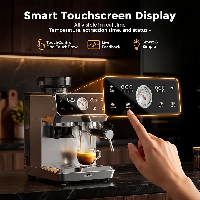Espresso Machine with Grinder, 20-Bar Programmable Semi-Automatic Coffee Maker, Visual Pressure Gauge & Touchscreen, Compact Design with Tamper, Make Americano, Latte, Cold Brew, Silver - Image 6