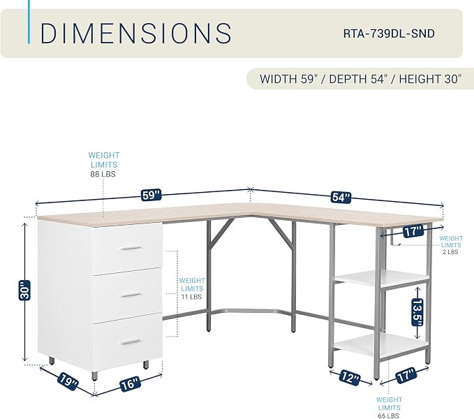 Techni Mobili 59" Two-Tone L‑Shaped Office Desk with Storage Shelves, Sand | 59" two‑tone L‑shaped desk with storage shelves, durable frame, modern corner workstation, spacious home office writing space - Image 3