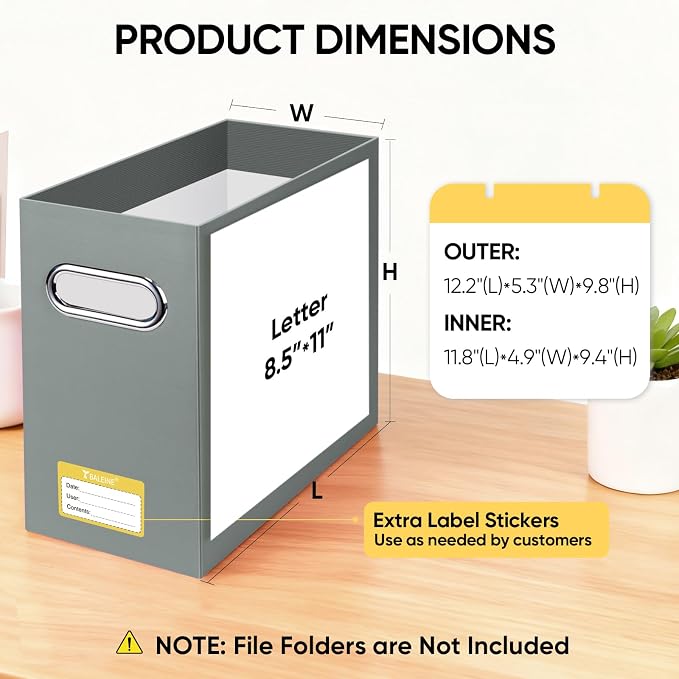 BALEINE File Organizer Box, Cardboard File Folder Organizer with Handle for Letter Size, Portable Collapsible Hanging Filing Box for Home Office Document Storage (2 Pack, Grey) - Image 3