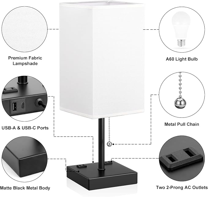 Bedside Lamp for Bedroom - 3 Color Temperatures, USB A+C, 2 AC Outlets | Pull Chain Switch, LED Bulb Included, White Fabric Shade, 17.4" Table Lamp for Nightstand, Desk, Living Room, Office - Image 5