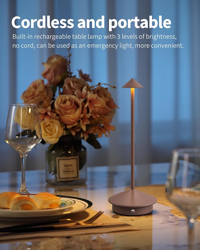 Modern Cordless Table Lamp Set of 2, Brown Portable LED Desk Lamps | 5000mAh, Rechargeable, Battery Operated Lighting for Bedroom, Dining Room, Restaurant, Coffee Shop, Camping, Night Light - Image 2