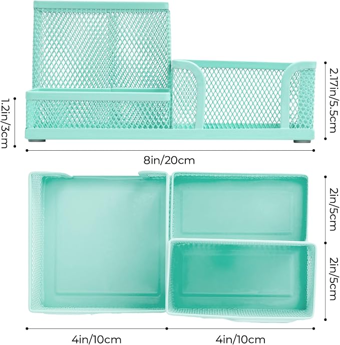 M&G Mesh Pen Holder Desk Organizers Pencil Holder for Desk Light Blue, 3 Compartments Metal Office Supply Organizer with Sticky Notes Holder for Home Office - Image 2