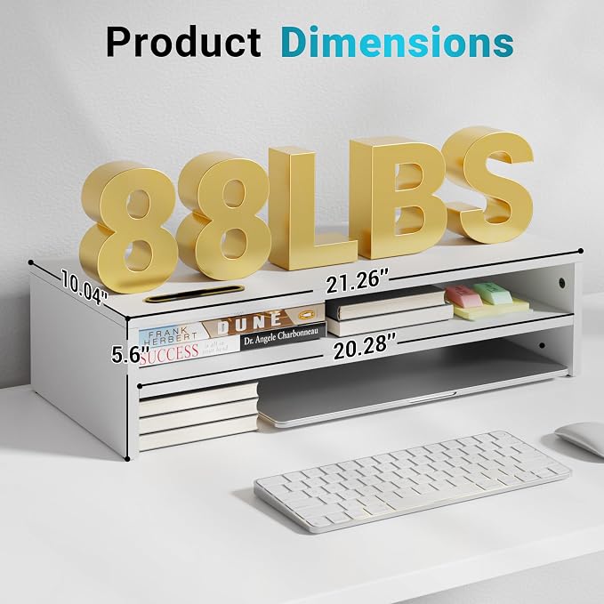 BONTEC Wood Monitor Stand Riser, 2-Tier Desktop Organizer | Ergonomic Computer Stand for Desk, Cable Management, Cellphone Holder, 21.3 Inch Shelf, White - Image 5