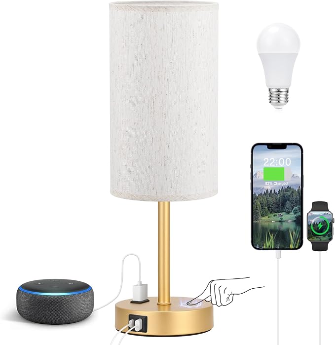 Fenmzee Touch Table Lamp - Cream, 3-Way Dimmable, USB A + C Charging, AC Outlet, 17.4inch Medium, Gold Metal Base by Fenmzeelighting