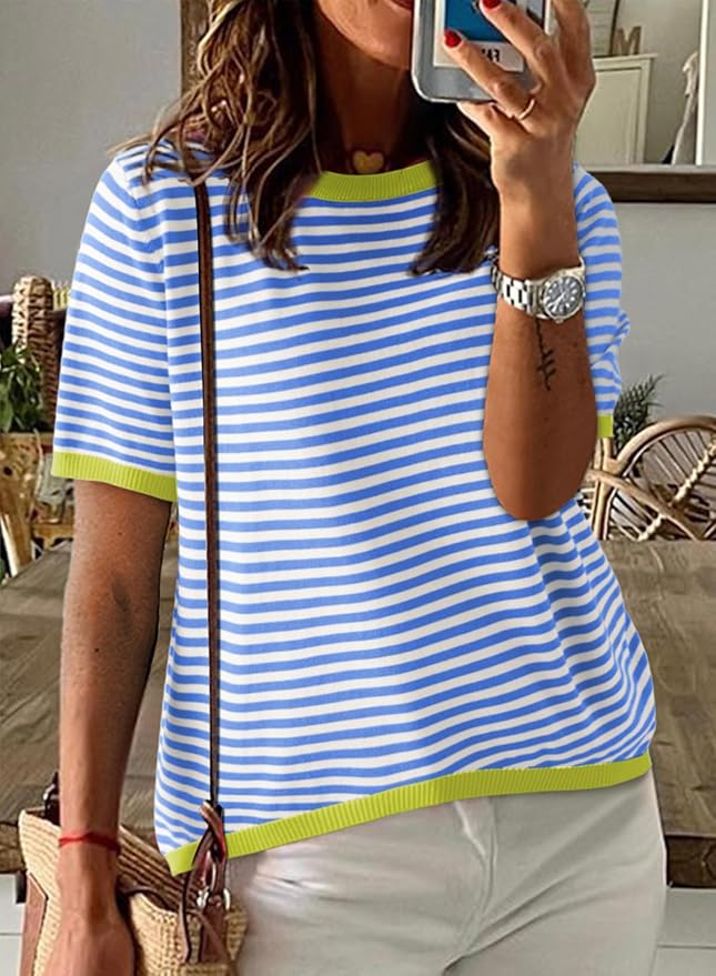 Dokotoo Womens Tops 2026 Casual Summer Crewneck Short Sleeve Striped Color Block Knit High Low Trendy Pullover Sweaters - Image 3