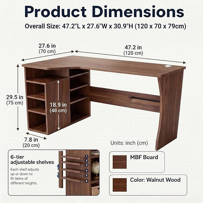 Garvee L Shaped Desk with Storage Shelves, Small Corner Desk for Small Spaces, Corner Table with 3 Tier Shelves, Home Office, Writing Study Gaming Desk, Walnut Wood - Image 2