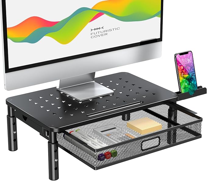 Zimilar Monitor Stand Riser with Metal Mesh Drawer, Height Adjustable | Monitor Riser with Phone Holder for Computer, Laptop, Printer, Notebook, Metal Computer Monitor Stand with Storage by Zimilar