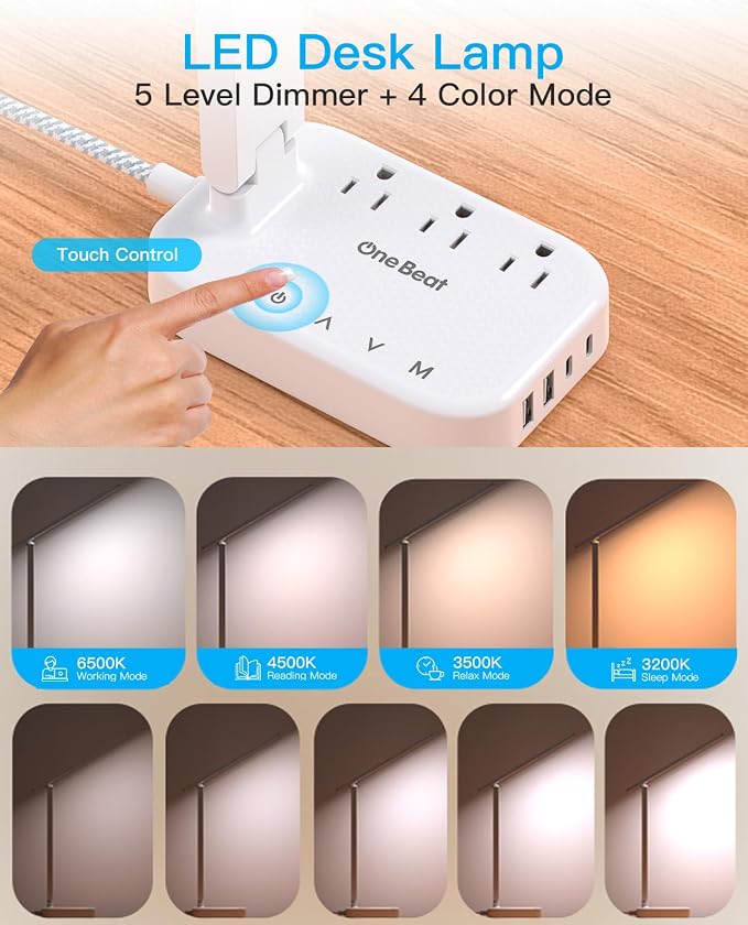 LED Desk Lamp, 10Ft Power Strip with 3 Outlets 4 USB Ports(2 USB C), White | One Beat 4 Modes 5 Level Brightness Touch Lamp, Small Desk Lamp for Home Office College Dorm Essentials, Study Reading Light - Image 2