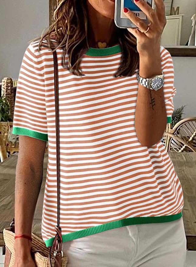 Dokotoo Womens Tops 2026 Casual Summer Crewneck Short Sleeve Striped Color Block Knit High Low Trendy Pullover Sweaters - Image 3