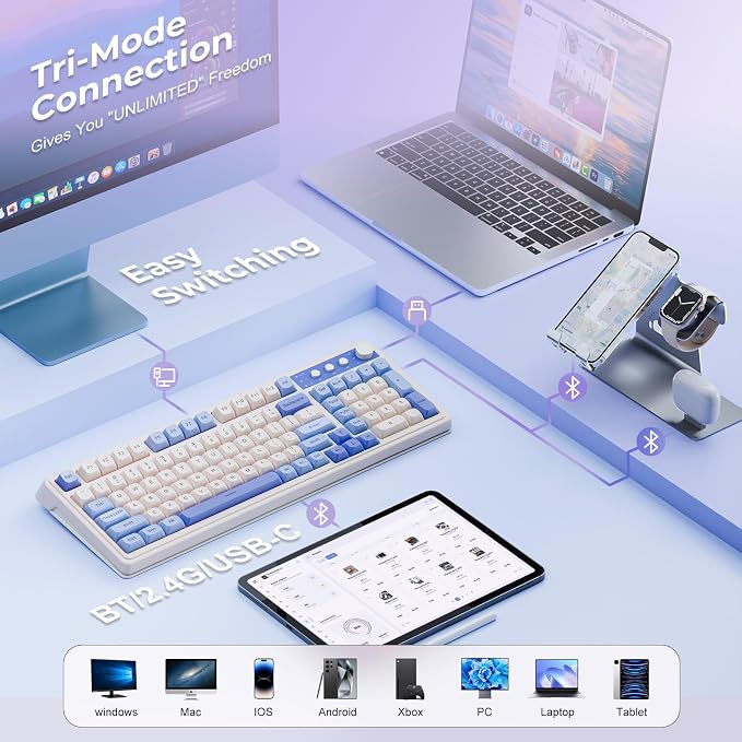 AULA 99 Key Purple Keyboard, Wireless Gaming Keyboard with Number Pad | RGB Backlit,Programmable,Creamy Sounding,Tri-Mode BT/2.4GHz/USB-C,2000mAh Membrane Keyboard,Thocky Computer Keyboards - Image 3