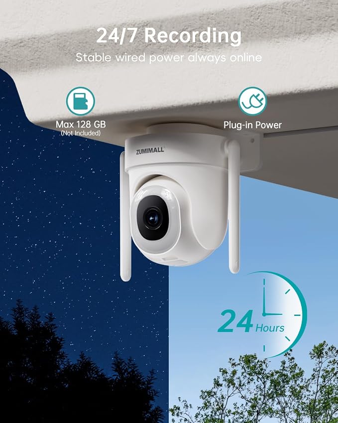 ZUMIMALL 2.5K Wired Cameras for Home Security, 2.4G/5G WiFi Outdoor Security Camera, 5MP, 24/7 Recording, AI Motion Detection, Cloud & SD Card Storage, 2-Way Audio, 360° PTZ Auto Tracking - 2-Pack - Image 3