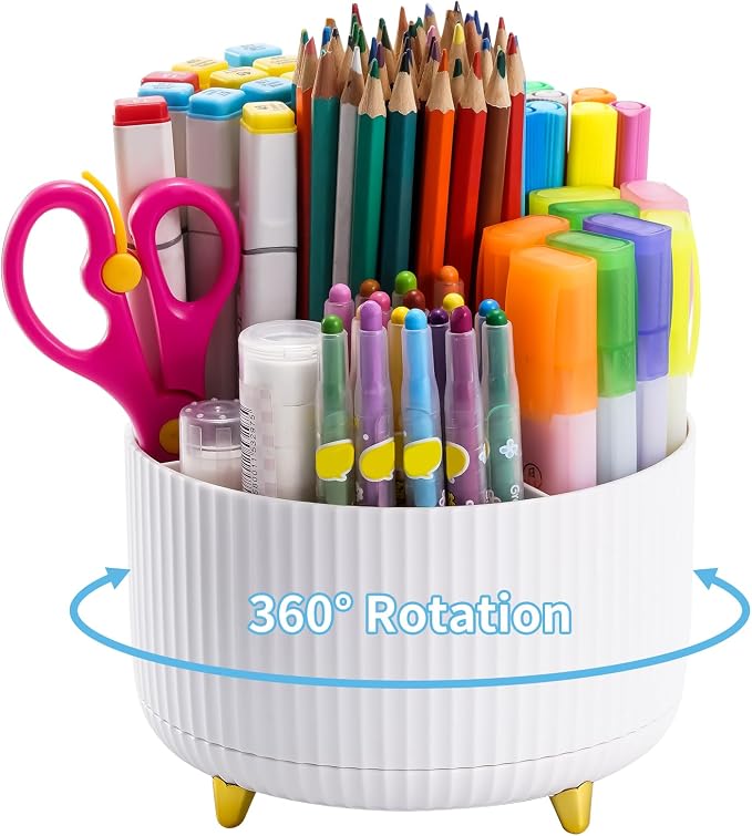 Marbrasse Desk Organizer, 360-Degree Rotating Pen Holder, Desk Organizers and Accessories with 5 Compartments Pencil Holder, Art Supply Storage Box Caddy for Office, Home（White） by Marbrasse