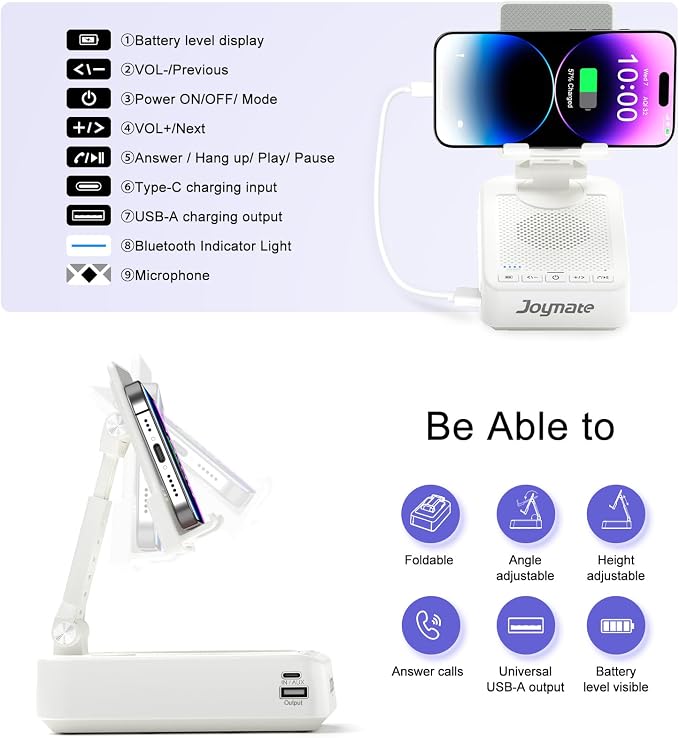 Gifts for Men Women, Bluetooth Speaker Phone Stand with Charging Function 360° Rotable Adjustable Cell Phone Holder HD Surround Sound for Desk Fits All Phones,Tablet (White) - Image 4