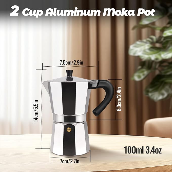 2 Cup Aluminum Moka Pot Classic Stovetop Espresso Coffee Maker 100ml 3.4oz Coffeemaker Percolator Mocha Pot Greca Coffee Maker Cafe Makers for Italian and Cuban Café Brewing Silver - Image 2