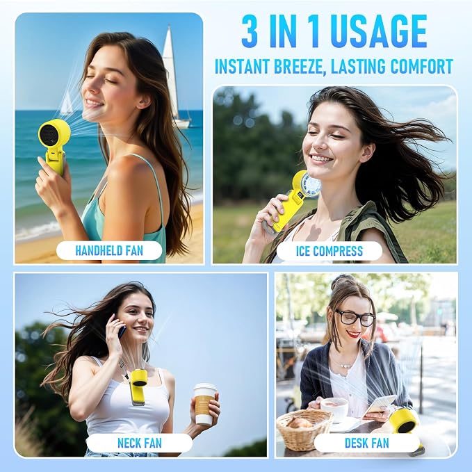PlayHot Portable Handheld Turbo Fan with Ice Cooling, Rechargeable Personal Fan, Up tp 12Hrs Cooling, 5 Speed 25550RPM Powerful Portable Fan for Travel, Outdoor, Camping, Hiking (Yellow) - Image 6