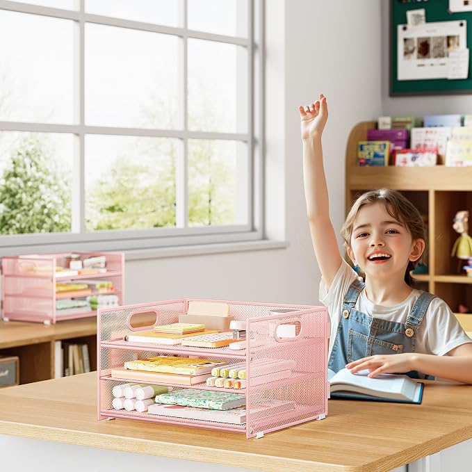 Subekyu 2-Pack 3-Tier Pink Metal Mesh Desk Paper Letter Tray & File Sorter Organizer with Handle + 1 Sliding Tray for Desk, Home, Office, School Supplies, A4 Paper and Accessories Storage - Image 4