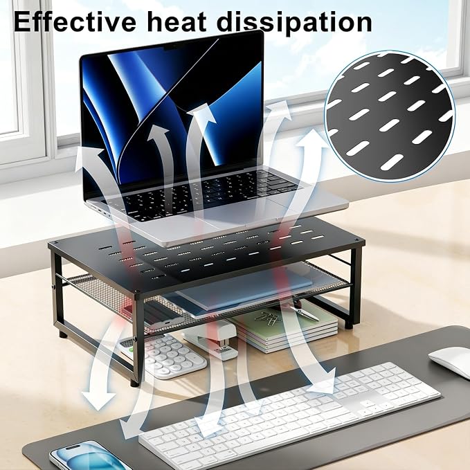 gianotter Desk Organizers and Accessories, 2-Tier Metal Monitor Stand Riser, Desk Organizer for Monitor, Office Desk Storage Organizer for Office Supplies (Black) - Image 3