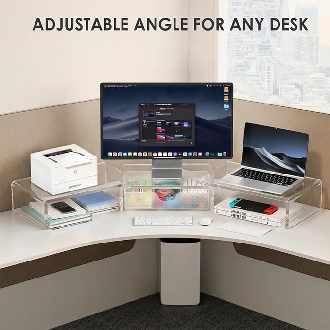 OPNICE Clear Acrylic Desk Organizers and Accessories, Dual Monitor Stand Riser with Drawer, Desk Shelf Computer Racks for Office Workspace Organizers, Desktop Organization (Transparent) - Image 5