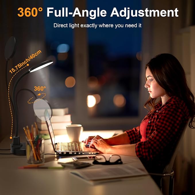 15W LED Desk Lamp with USB Charging Ports, [Button & Remote Control] Dimmable Table Lamp with 3 Color Modes, 5 Brightness Levels, 4 Timers, Flexible Reading Light for Home Office, Bedroom, Kids Study - Image 6