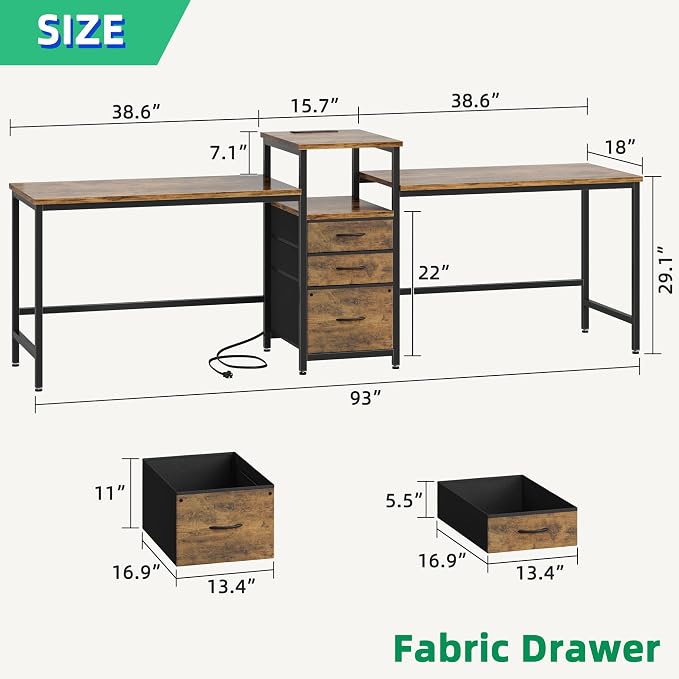 GYIIYUO 93'' Two Person Desk with Charging Station, Long Desk with 3 Drawer | Double Computer Desk with Printer Shelf, 2 Person Writing Study Table Workstation for Home Office, Rustic Brown - Image 2