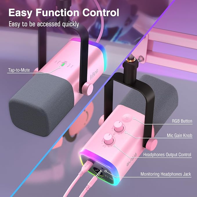 FIFINE AmpliGame AM8TP XLR Gaming Microphone USB PC Dynamic Mic Kit | Streaming RGB Mic with Headphone Jack, Mute Button, Boom Arm Stand for Computer/Mixer, for Vocal, Recording, Podcast, Pink - Image 6